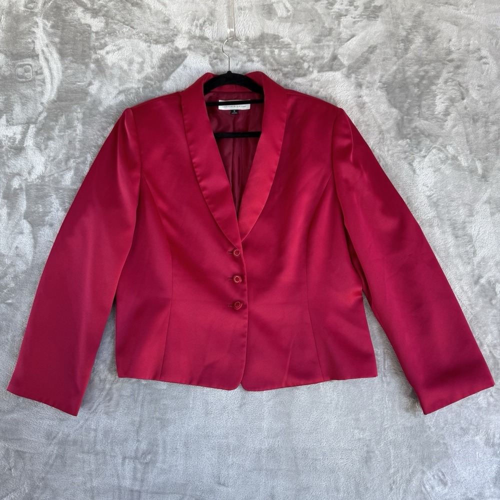 Tahari ASL Red Satin Blazer Shawl Collar Tuxedo Jacket Women 18 Career Evening